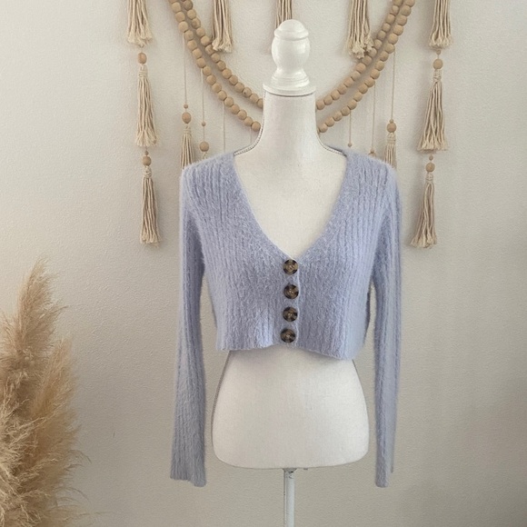 Urban Outfitters baby blue cropped sweater eyelash cardigan fall fuzzy small - Picture 1 of 13